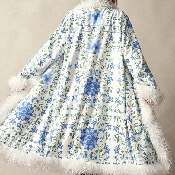 Boho Blues Women's Floral Print faux fur Fringe Trim Jacket - Picture 3 of 9